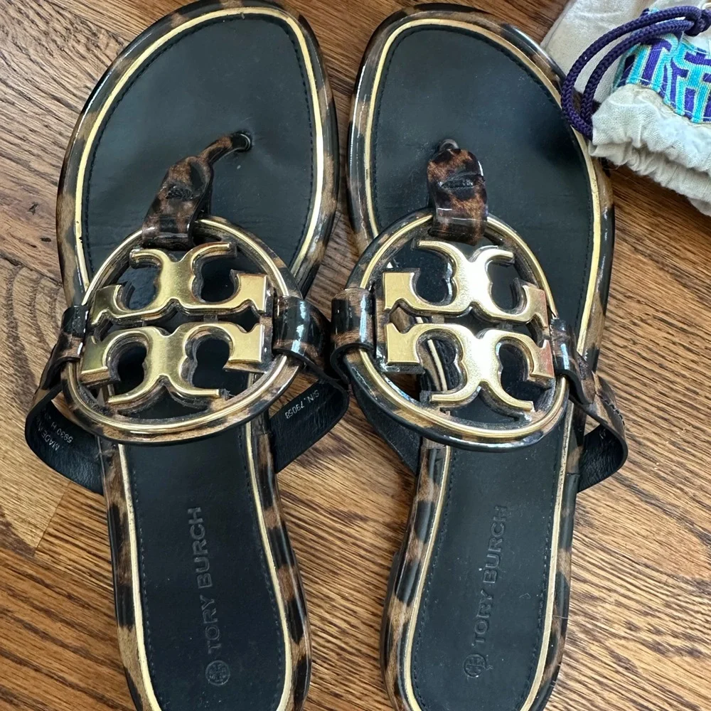 Tory Burch Miller Leopard Logo Thong Sandals - Black & Brown - Picture 2 of 6